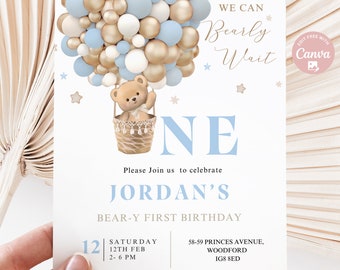 Modifiable 1er anniversaire garçon ours en montgolfière ours thème Beary 1er anniversaire inviter bleu clair imprimable inviter téléchargement immédiat BFBB