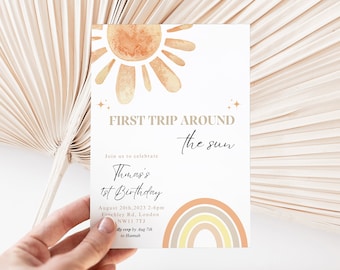 Editable  Gender Neutral First Trip Around the Sun 1st Birthday Invitation, Sunshine 1st Birthday Invite,Boho Sun Birthday, Instant download