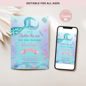 Invitación de cumpleaños de sirena editable niñas sirena azul bajo la fiesta de cumpleaños del mar fiesta de cumpleaños de sirena caprichosa descarga instantánea