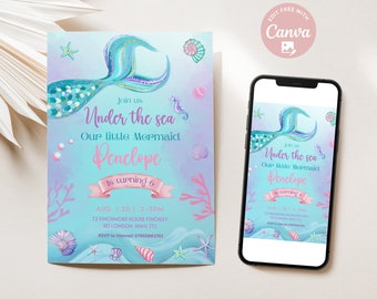 May include: A printable invitation for a mermaid-themed birthday party. The invitation features a turquoise mermaid tail with pink and purple accents, a seahorse, and seashells. The text on the invitation reads "Join us Under the sea Our little Mermaid Penelope is turning 6 AUG 20 | 2-5PM 72 Finchmore House Finchley RD London NW11 7TJ RSVP to Hannah 07955863761".