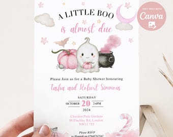 Editable Pink A Little Boo Baby Shower Invitation, Girl Halloween Baby Shower Invite, Ghost Pink Halloween Baby Shower digital Invite