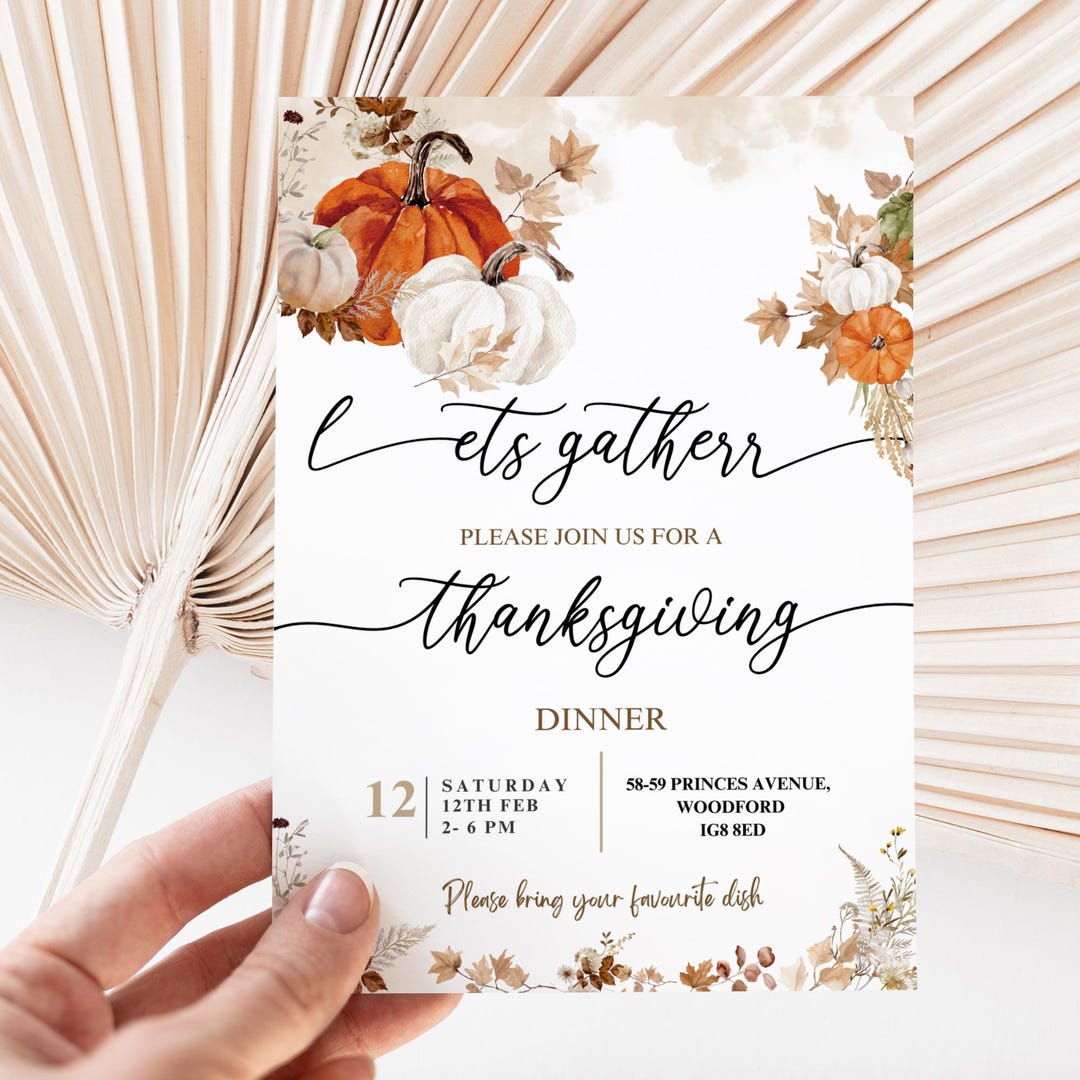 Editable Boho Thanksgiving Dinner Invitation, Let's Give Thanks Invite