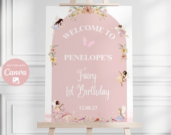 Letrero de bienvenida editable para el primer cumpleaños de una hada, diseño bohemio rosa ruborizado, para primer cumpleaños de niña, fiesta en el jardín, descarga instantánea.