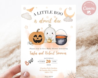 May include: A Halloween-themed baby shower invitation featuring a ghost and pumpkin illustration. The invitation reads "A Little Boo is almost due" and includes details for the event, including the date, time, and location.