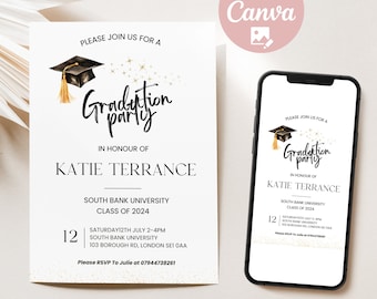 Invitación editable para fiesta de graduación de la generación 2024. Plantilla editable para fiesta de graduación de secundaria y universidad.