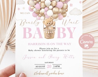 May include: Baby shower invitation with a hot air balloon design. The invitation features a teddy bear in a basket, surrounded by pink, gold, and white balloons. Text includes "Bearly Wait Baby" and event details.