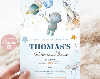 Editable First Trip Around the Sun Space Birthday Party Invitation, 1st Birthday Party Invite boy, Blue Astronaut Invite, Instant Download