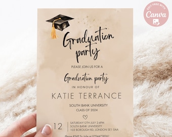 Invitación editable beige para fiesta de graduación de la generación 2024. Plantilla editable para graduación de secundaria y universidad.