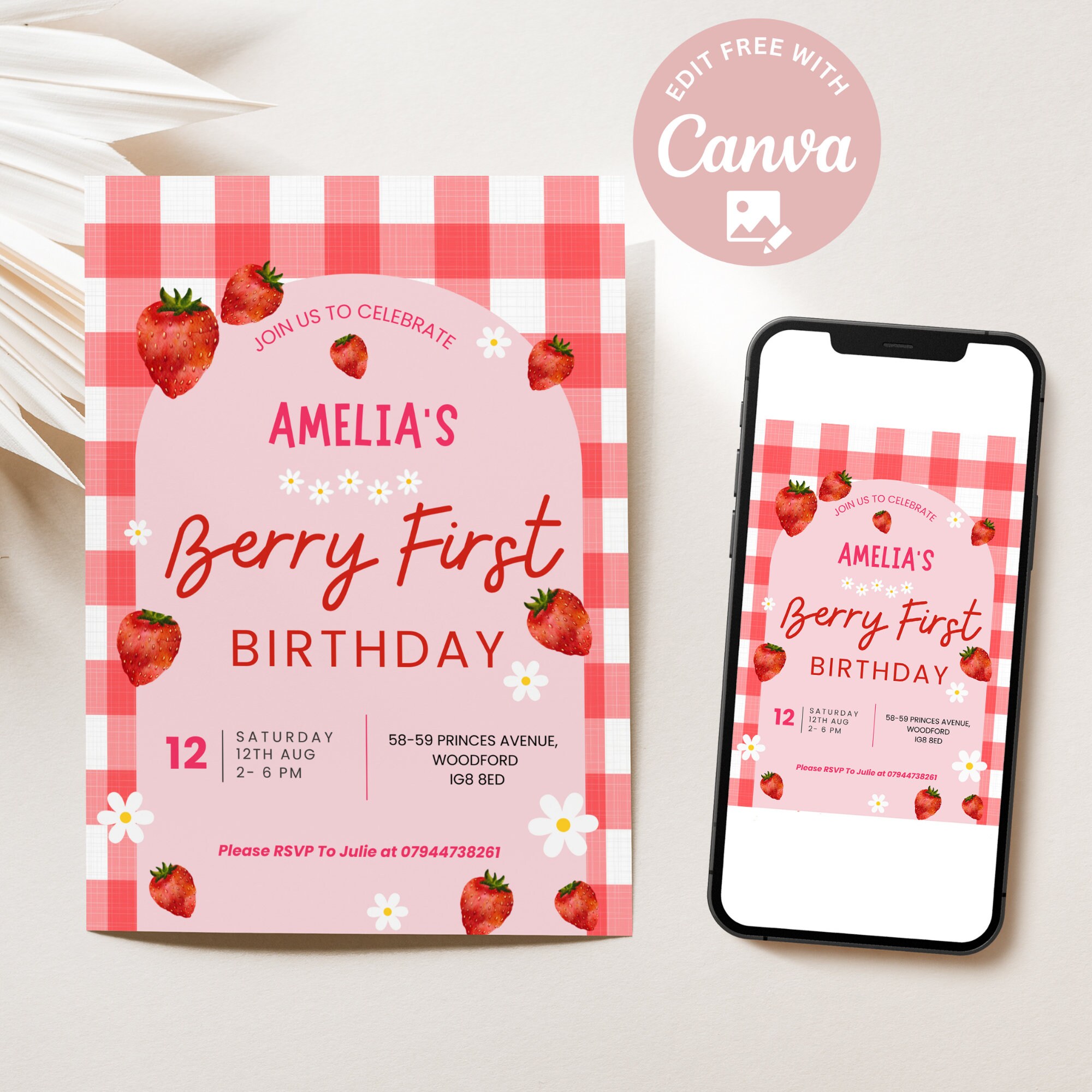 Editable Berry First Birthday Invitation Pink and Red Strawberry Berry ...