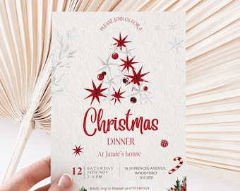 May include: A red and white Christmas dinner invitation with a stylized Christmas tree made of red stars and white snowflakes. The invitation includes the text "Please join us for a Christmas Dinner at Jamie's house" and details for the event, including the date, time, and address.