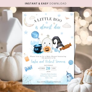 Editable Blue A Little Boo is almost due Baby Shower Invitation Boy Halloween Baby Shower Invite, Ghost Halloween Baby Shower digital Invite