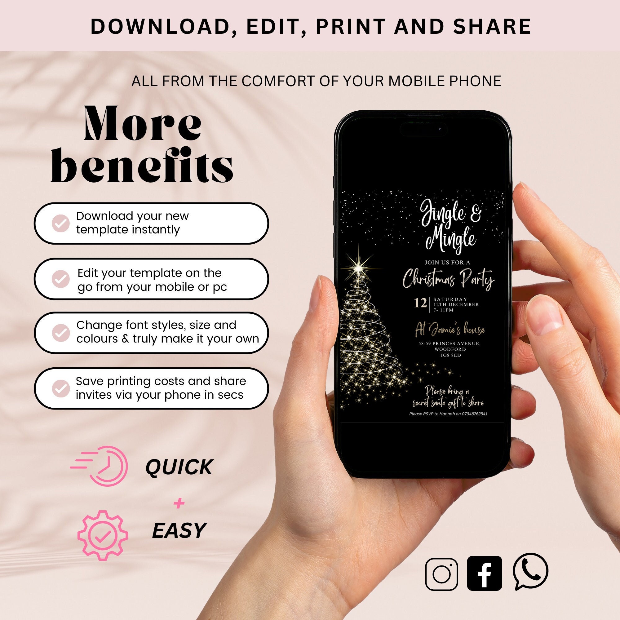 Editable Christmas Party Invitation Christmas Black Party Invite ...