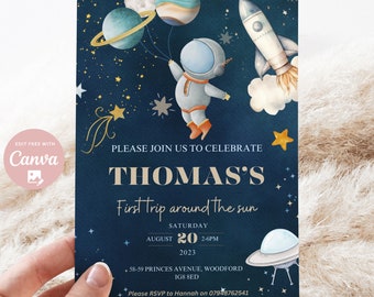 Editable First Trip Around the Sun Navy Blue Birthday Invitation, 1st Birthday Boy Party Invite, Space & Astronaut Invite, Instant Download