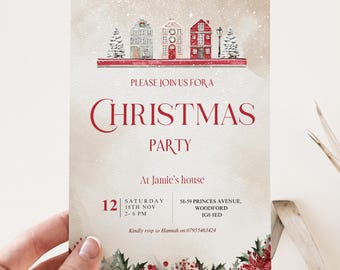 May include: A Christmas party invitation with a watercolor design. The invitation features a row of illustrated houses, Christmas trees, and the text "CHRISTMAS PARTY." Details include the date, time, and location.