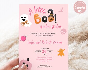 Editable Pink A Little Boo Baby Shower Invitation, Girl Halloween Baby Shower Invite, Ghost Pink Halloween Baby Shower digital Invite