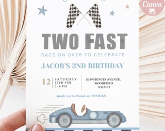 May include: A blue and white birthday invitation with a checkered flag design. The invitation says "Growing Up Two Fast" and "Race on Over to Celebrate Jacob's 2nd Birthday". The invitation also includes the date, time, and location of the party.