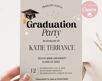 Invitación editable beige para fiesta de graduación de la generación 2024. Plantilla editable para graduación de secundaria y universidad.