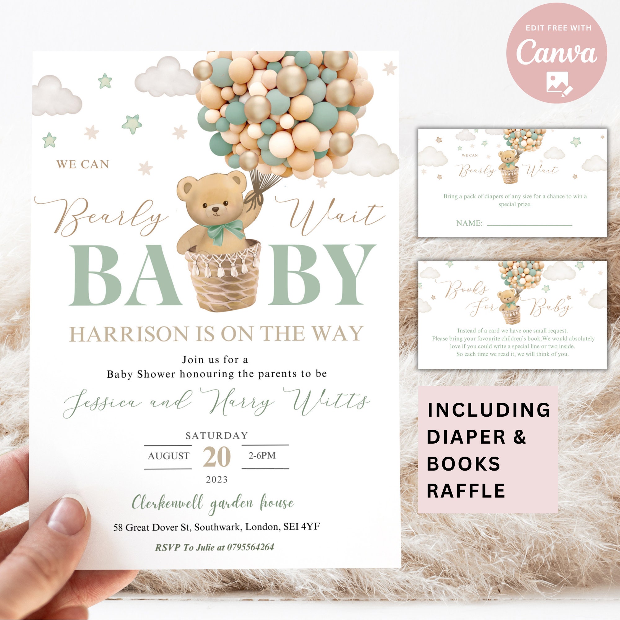 Editable Gender Neutral We Can Bearly Wait Hot Air Balloon Bear Theme ...