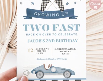 May include: A blue and white birthday invitation with the text "Growing Up Two Fast" and "Race on over to celebrate Jacob's 2nd Birthday". The invitation includes a cartoon race car and checkered flag design.