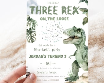 Editable Dinosaur Three rex Birthday Invitation, Green Three Rex Boys Birthday Invite, Boys Third Birthday Dino Party,Three-Rex On The Loose