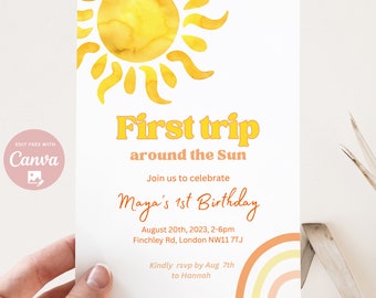 Editable Gender Neutral First Trip Around the Sun Birthday Invitation, Sunshine 1st Birthday Invite, Boho Sun Birthday, Instant download