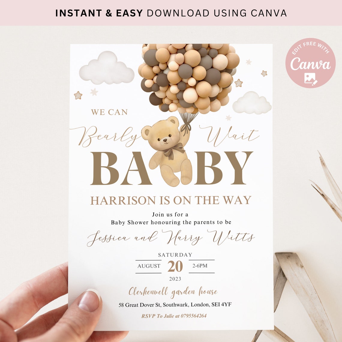 Editable Gender Neutral We Can Bearly Wait Brown Hot Air Balloon Bear ...