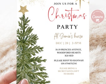 May include: A white Christmas party invitation with gold glitter and a watercolor illustration of a green pine tree. The text reads "Join us for a Christmas Party at Jamie's house, Dec 20, 2-5pm, 58-59 Princes Avenue, Woodford Hearts, IG8 8ED. Please RSVP to Hannah on 07948762541. Please bring a Secret Santa gift to share."