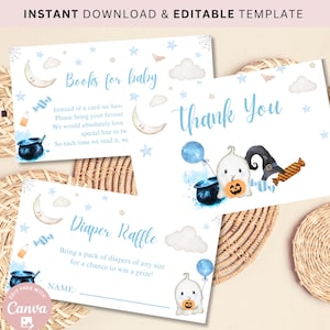 Bewerkbare blauwe A Little Boo Baby Shower Bedankkaart luierloterij, boeken voor baby token Boy Halloween babyshower uitnodigen Ghost Halloween