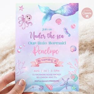 Invitación de cumpleaños de sirena editable niña sirena bajo el mar fiesta de cumpleaños rosa púrpura caprichosa fiesta de cumpleaños de sirena descarga instantánea