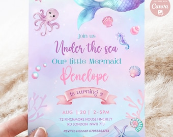 May include: A light blue and purple mermaid tail with a pink and purple octopus and a pink and white seashell. The text "Join us Under the sea Our little Mermaid Penelope is turning 2 AUG 20 2-5PM 72 FINCHMORE HOUSE FINCHLEY RD LONDON NWII 7TJ RSVP to Hannah 07955863761" is on the invitation.