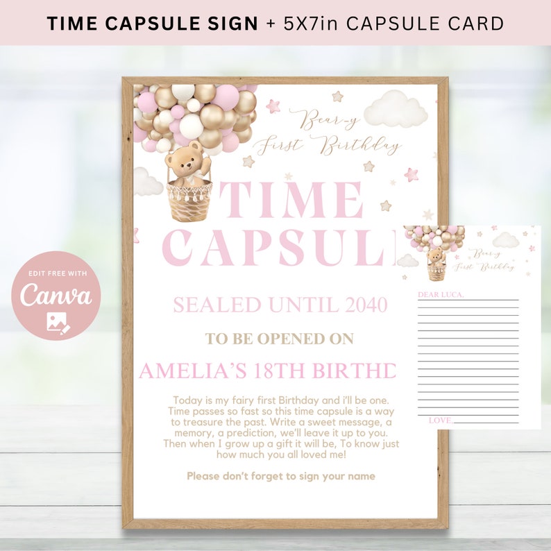Editable 1st Birthday Bear Time Capsule Sign 1st Birthday Party Time ...