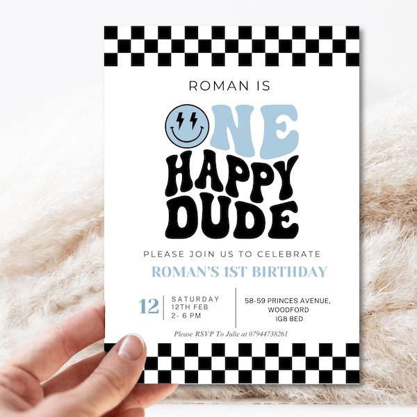 One Happy Dude 1st Birthday Invitation | Editable Blue Photo Invite