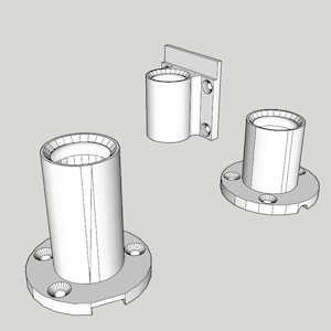 May include: Three metal pipe brackets with a flange base. Two of the brackets are cylindrical and one is a wall mount.