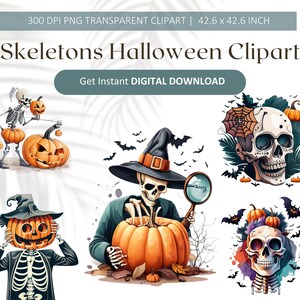 Skeletons Halloween Clipart Design Bundle, Customised Clipart Art For Halloween Party, Customized Clipart Design, Halloween Holiday Cliparts