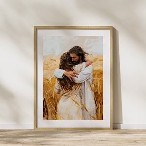 May include: A painting of a man and a woman embracing in a field of wheat. The man is wearing a white robe and the woman is wearing a long, flowing dress. The painting is done in a realistic style with warm colors.