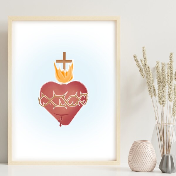 Sacred Heart of Jesus Wall Religious Decor Devotion Art for Baptism Gift Watercolor for Kids Room First Communion