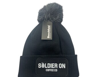 Beechfield Snowstar Beanie with Soldier On Coffee Co print. (Black)