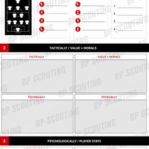 May include: A white soccer scouting report form with red headers labeled Player Profile, Tactically / Value + Morals, and Psychologically / Player Stats. It includes a soccer field diagram, blank lines for player data, and sections for strengths and targets.