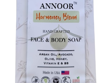 Face n Body Liquid Soap (3 Fl Oz) - Hand Crafted - Argan Oil, Avocado, Olive, Honey, Vit E, B5 - Harmoney Blend by Annoor