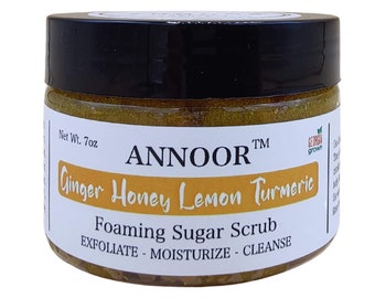 Annoor Foaming Sugar Scrub |Ginger, Honey, Lemon, Turmeric |7 oz -Exfoliate, Brighten, Renew, Remove Dark Spots, Even Skin Tone |Handcrafted
