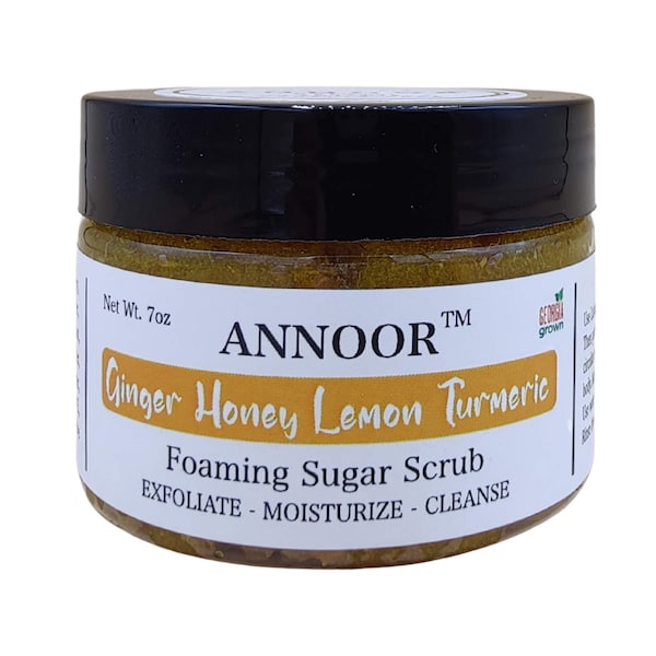 Annoor Foaming Sugar Scrub |Ginger, Honey, Lemon, Turmeric |7 oz -Exfoliate, Brighten, Renew, Remove Dark Spots, Even Skin Tone |Handcrafted