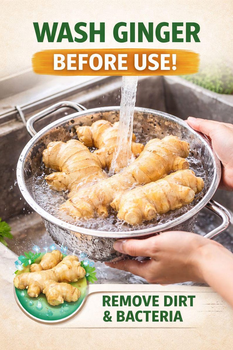 May include: A close-up of ginger roots being washed in a metal colander under running water. The image includes text that reads "WASH GINGER BEFORE USE!" and "REMOVE DIRT & BACTERIA".