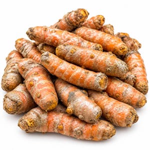 May include: A pile of raw turmeric roots with a knobby, cylindrical shape and a rough, earthy, orange-brown skin. The roots are stacked together, showing their natural, irregular texture and vibrant orange-yellow coloring on the surface.