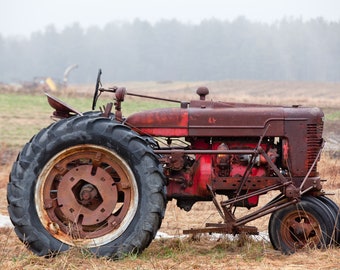 May include: A rusty red vintage tractor with a large rear tire and a smaller front tire. The tractor is sitting in a field with a foggy background.