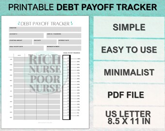 May include: Printable debt payoff tracker in a minimalist design. The tracker includes sections for creditor, account number, starting amount, due date, interest rate, minimum payment, and goal payoff date. The tracker also includes a visual payoff progress bar.