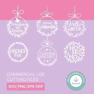 Puede incluir: Seis archivos de corte SVG de adornos navideños blancos con diferentes saludos navideños en alemán e inglés. Los saludos incluyen "Frieden auf Erden", "Frohe Weihnachten", "Hello Winter", "Frohes Fest", "Zauberhafte Winterzeit" y "Ho Ho Ho".