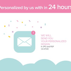 May include: Illustration of a blue email icon with a notification number 1. Text reads: "We will send you your personalized design in JPG and PDF via email."