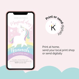 May include: A digital invitation for a first birthday party with a unicorn theme. The invitation features a cartoon unicorn with a rainbow mane and tail, standing on a rainbow. The text on the invitation reads "Join us for a Magical Day Hannah is turning one!" and includes the date, time, and location of the party.