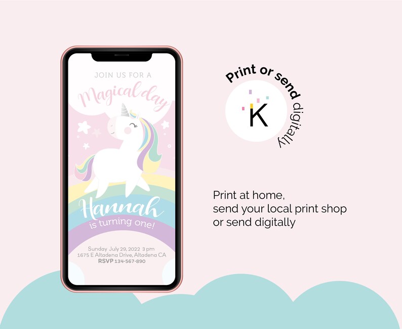 May include: A digital invitation for a first birthday party with a unicorn theme. The invitation features a cartoon unicorn with a rainbow mane and tail, standing on a rainbow. The text on the invitation reads "Join us for a Magical Day Hannah is turning one!" and includes the date, time, and location of the party.