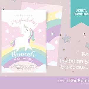 May include: A pink and purple party invitation with a rainbow and a unicorn. The invitation says "Join us for a Magical Day" and "Hannah is turning one!" The invitation also includes the date, time, address, and RSVP information.